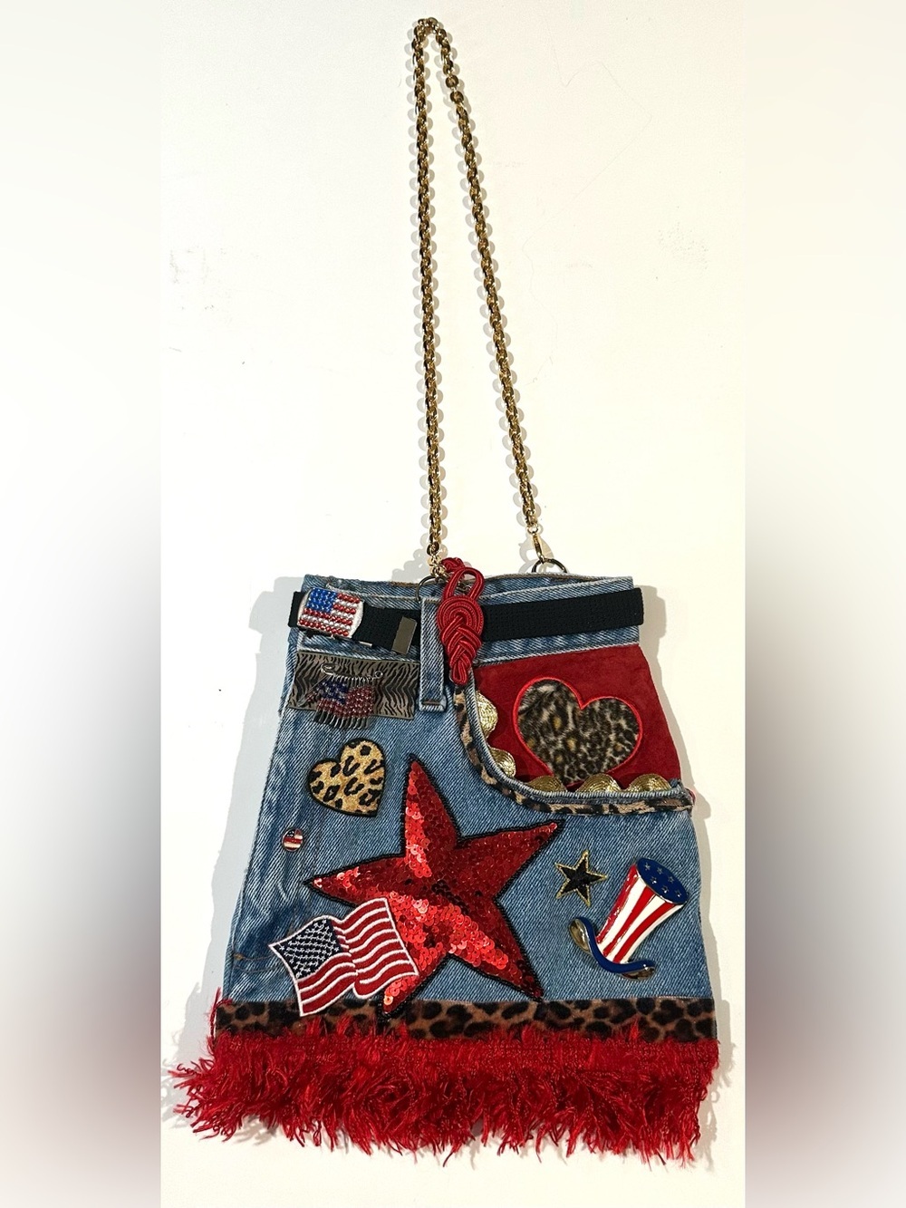 Jeans Denim Crossbody Bag with Embroidered Pocket Gold Chain - Custom Made Y2K - Picture 13 of 15